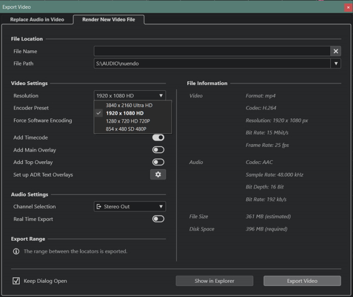 Steinberg Nuendo15 VideoExport